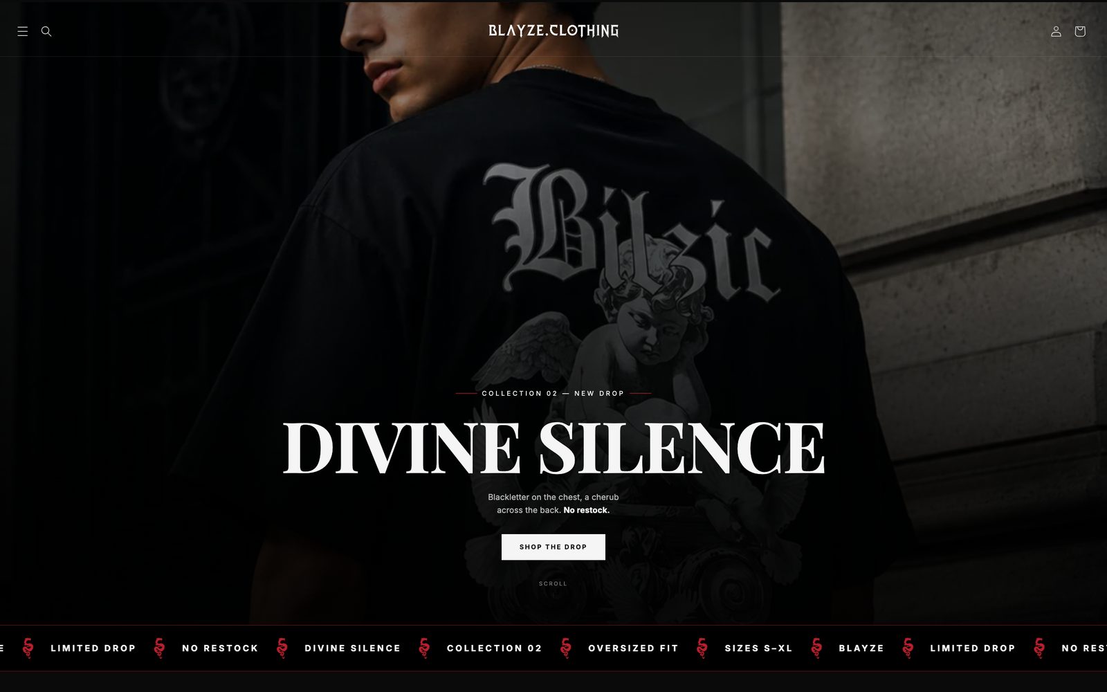 Началната страница на blayze.clothing: колекцията Divine Silence на тъмен фон